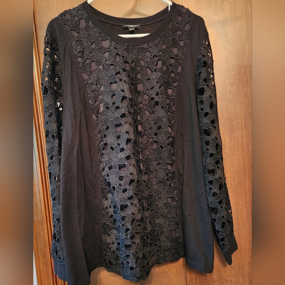 Lane Bryant Black Graphic Embellished Long Sleeve Blouse